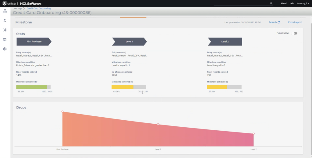 Unica Journey mapping showing steps and funnel